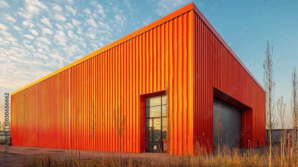 Vibrant orange industrial building under a clear sky Vibrant orange industrial building under a clear sky