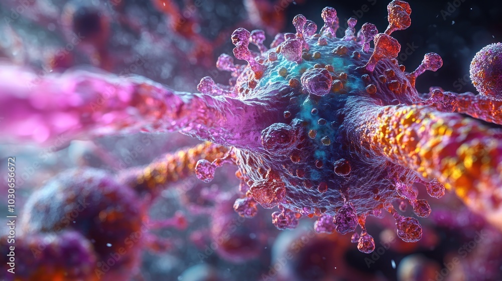 Obraz premium Close-up view of a virus interacting with cellular structures.