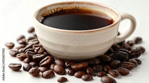 Cup of coffee with coffee beans around. Aromatic beverage, caffeine and energy, coffee shop concept