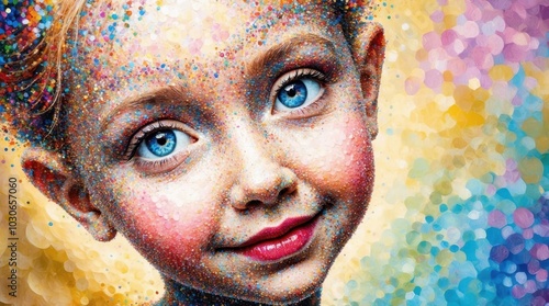 A vibrant pointillist portrait of a young girl, created using colorful dots to bring out her features and lively expression in a unique and dynamic style photo