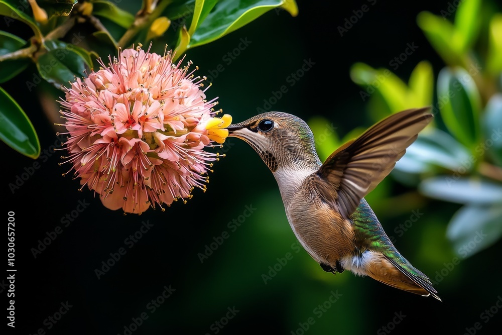 Fototapeta premium Young hummingbird sipping nectar from a bright flower