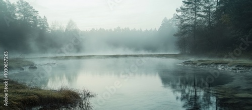 A misty morning landscape with a still lake reflecting the fog and trees.