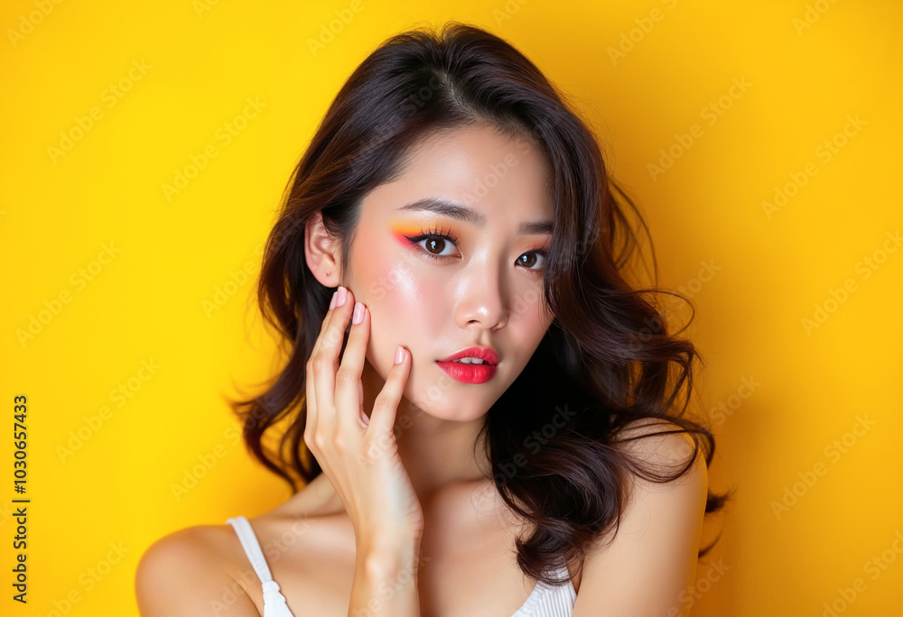 Confident Woman with Colorful Makeup on Yellow Background Confident Woman with Colorful Makeup on Yellow Background