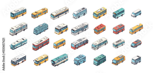 Passenger bus city transport isometry vector set. Cruiser minibus coach van shuttle motored four wheeled urban vehicle transportation carriers, illustrations isolated on white background