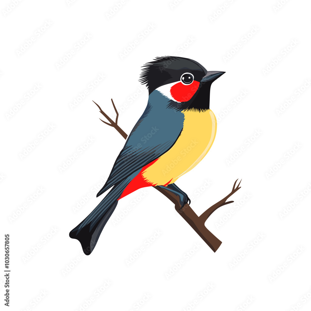 Fototapeta premium Cute vector waxwing small bird sitting on a branch isolated on white background winter bird with yellow and red plumage