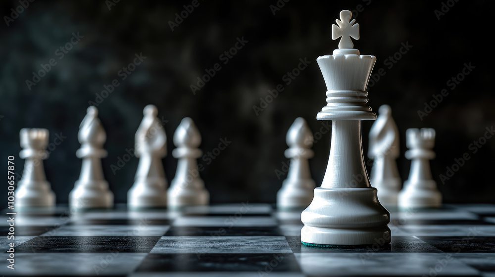 A white chess king stands out in the front of the chessboard with a group of white chess pieces lined up behind it, in a dark background. A white chess king stands out in the front of the chessboard with a group of white chess pieces lined up behind it, in a dark background.
