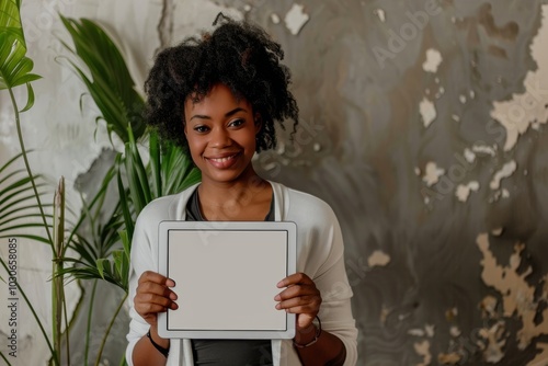 Application mockup afro-american woman in her 20s holding a tablet with a fully grey screen