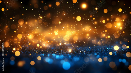 A vibrant background of shimmering lights in gold and blue hues.