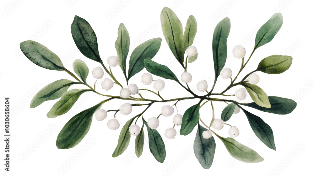 Naklejka premium Elegant botanical illustration featuring mistletoe leaves and white berries, perfect for holiday decor and seasonal designs on a transparent background.