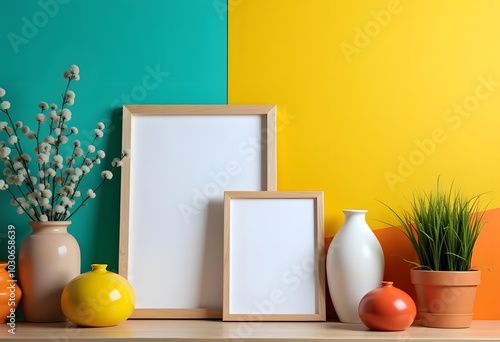 Mock up poster frame on cabinet in interior/green wall.3d rendering