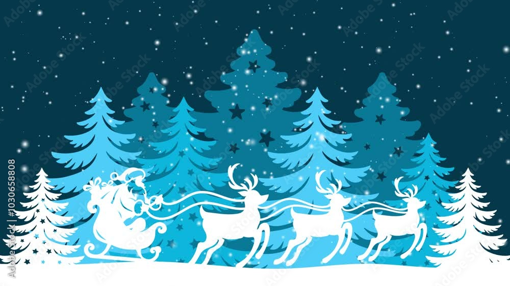 Christmas animation. Winter scene. Santa Clause riding sleigh, winter landscape. Christmas animation. Winter scene. Santa Clause riding sleigh, winter landscape.