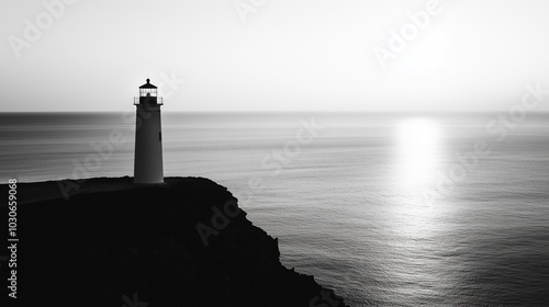 A small lighthouse stands on the edge of a rocky cliff, its sharp silhouette illuminated against a simple sea and sky backdrop