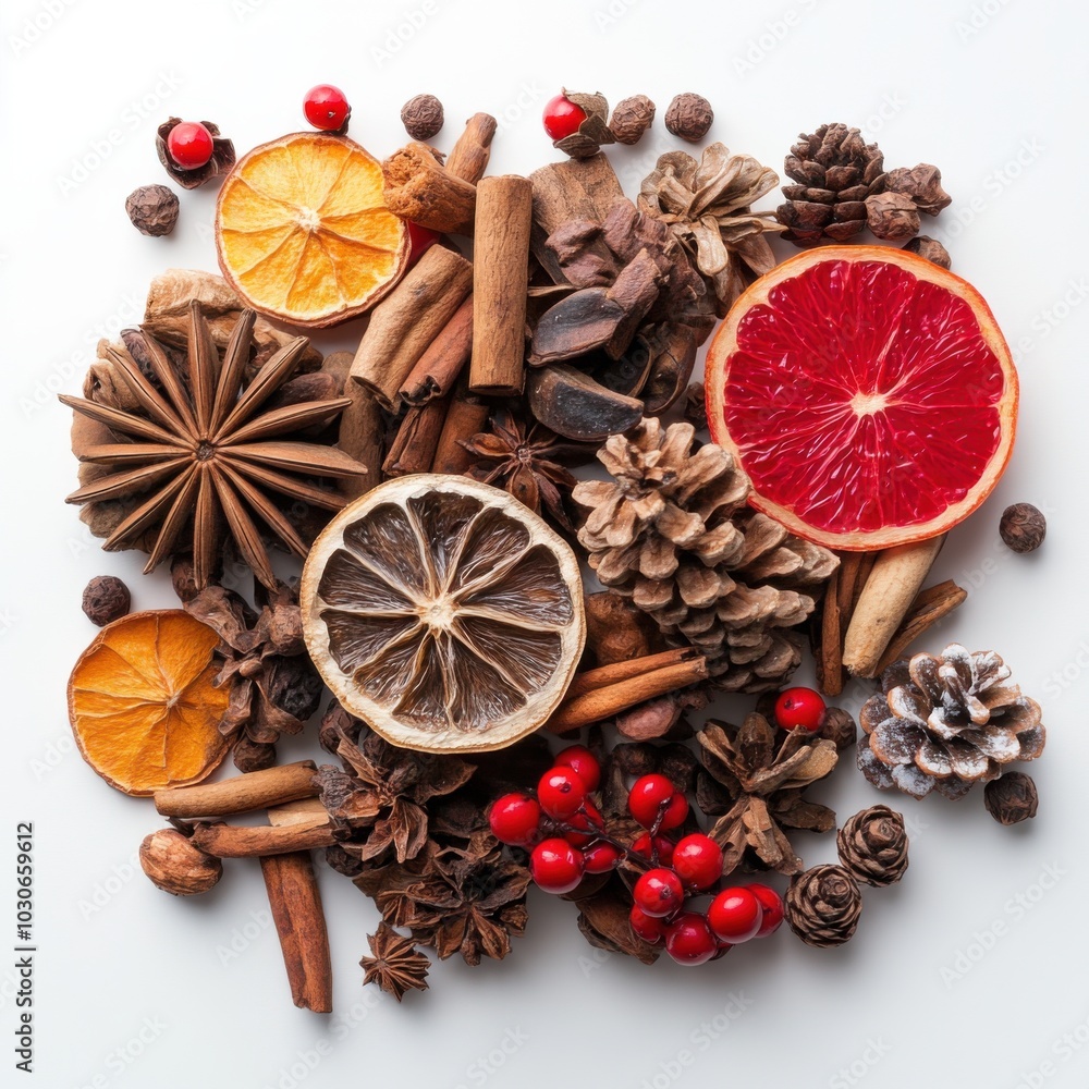 Assorted dried fruits and spices on white background for holiday decoration Assorted dried fruits and spices on white background for holiday decoration
