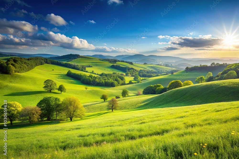 Obraz premium Idyllic meadow with rolling hills and clear blue sky at eye level