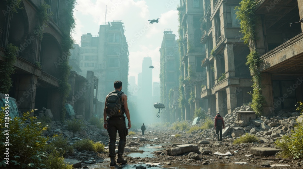 A hauntingly detailed image of a once-thriving city now in ruins, abandoned after a technological apocalypse.