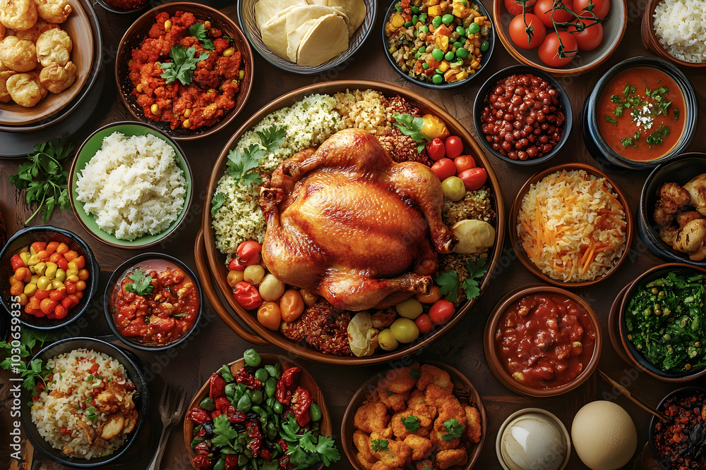 Roasted chicken served with various dishes on a wooden table. Roasted chicken served with various dishes on a wooden table.