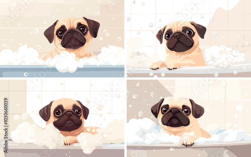 Pug dog in bath room cartoon vector scenes. Foam soap bubbles shower water funny puppy grooming washing cleaning animals care illustrations concepts