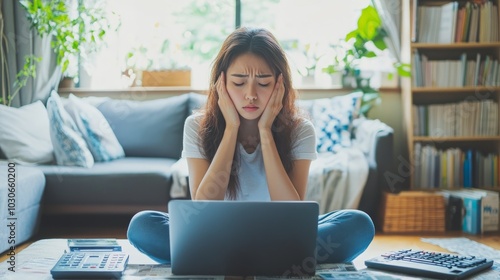 A young woman looks stressed while working on a laptop in a cozy living room setting.