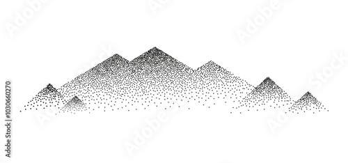 Grain stippled mountains landscape. Vector illustration in black dotted particle terrain, stippling peak, rock or pyramid, silhouettes.	
