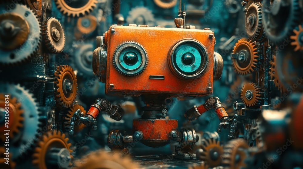 custom made wallpaper toronto digitalA rusty robot with big blue eyes sits amongst a field of gears.