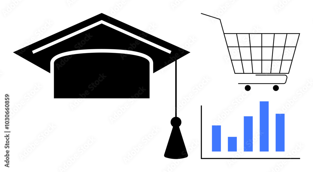 Cap with tassel next to cart and graph. Ideal for education themes, online shopping, data analysis, graduation concepts, business studies, and academic commerce. Minimalist vector style using black Cap with tassel next to cart and graph. Ideal for education themes, online shopping, data analysis, graduation concepts, business studies, and academic commerce. Minimalist vector style using black