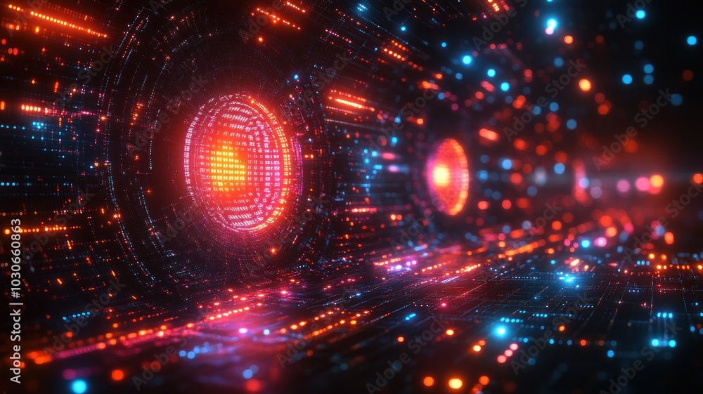 Obraz premium Abstract digital landscape with vibrant lights and patterns.