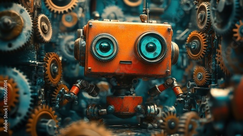 Wallpaper Mural A rusty robot with big blue eyes sits amongst a field of gears. Torontodigital.ca