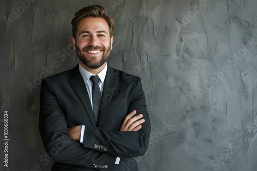 A man in a suit and tie standing with his arms crossed