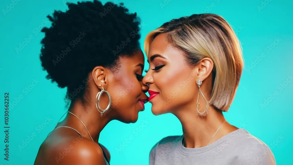 Two women touching noses and smiling, expressing love and closeness. Concept LGBTQ. blue color background Two women touching noses and smiling, expressing love and closeness. Concept LGBTQ. blue color background