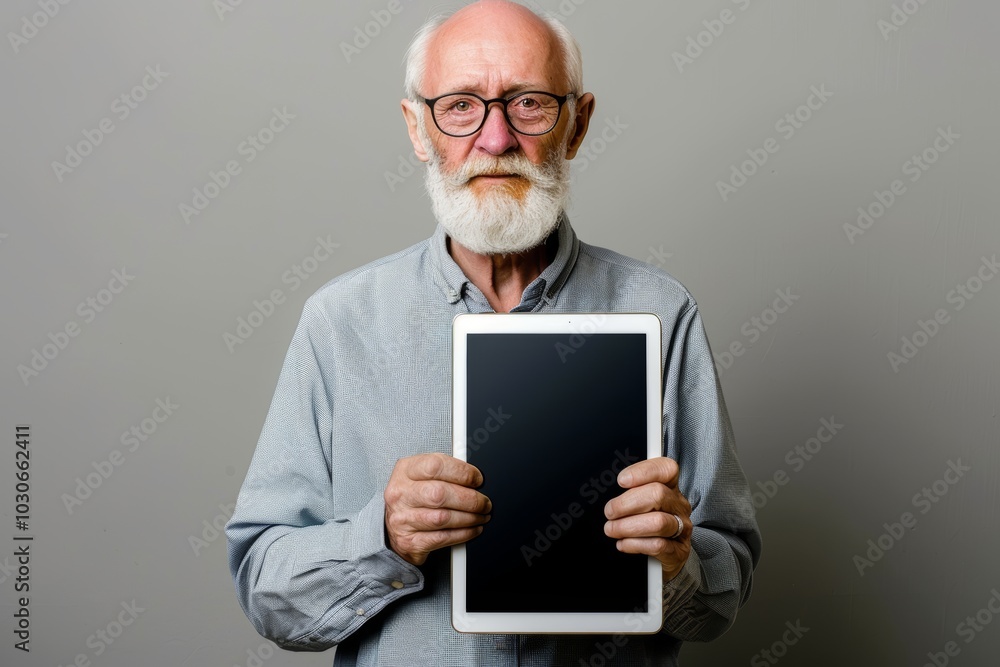Ui mockup caucasian man in his 50s holding a tablet with an entirely grey screen Ui mockup caucasian man in his 50s holding a tablet with an entirely grey screen