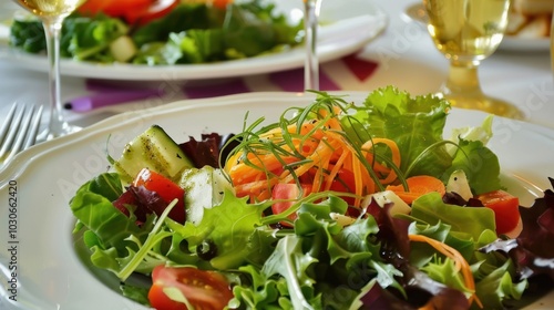 Close-up of a Fresh Salad with Green Leafy Vegetables, Sliced Tomatoes, and Carrots