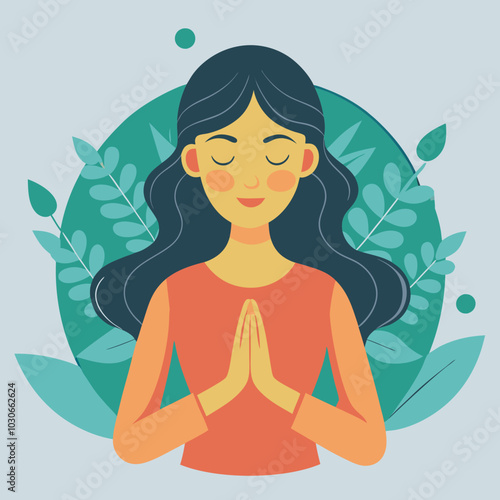 Woman meditating in lotus position. Illustrated woman meditating with folded hands in peaceful pose