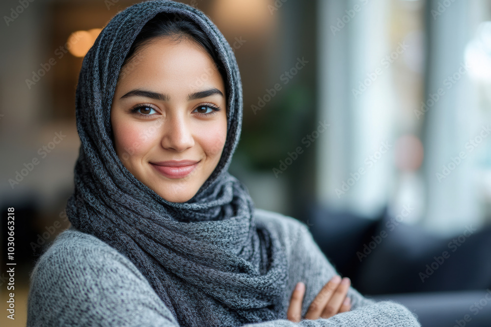 Confident Woman in Hijab Smiling Indoors, Close-up portrait of a young woman wearing a grey hijab, smiling confidently while standing indoors with soft natural light. Confident Woman in Hijab Smiling Indoors, Close-up portrait of a young woman wearing a grey hijab, smiling confidently while standing indoors with soft natural light.