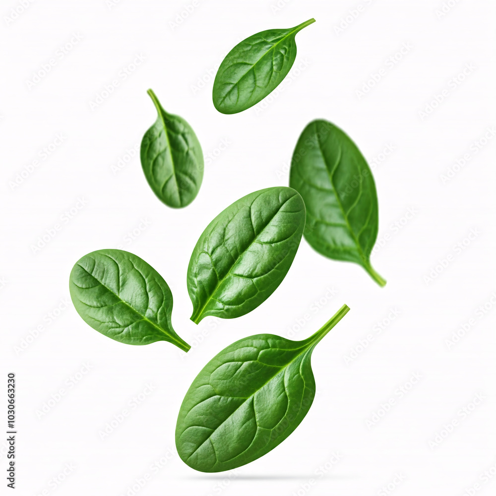 fresh green spinach leaves floating in air on white background fresh green spinach leaves floating in air on white background