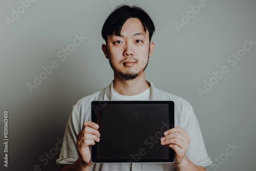 Application mockup asian man in his 20s holding a tablet with a completely black screen