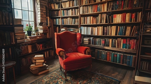 59. A cozy corner in a bookstore with an empty armchair