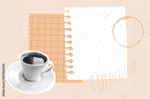 Journal pages collage, morning notes with coffee and paper, productivity vector at pastel orange background