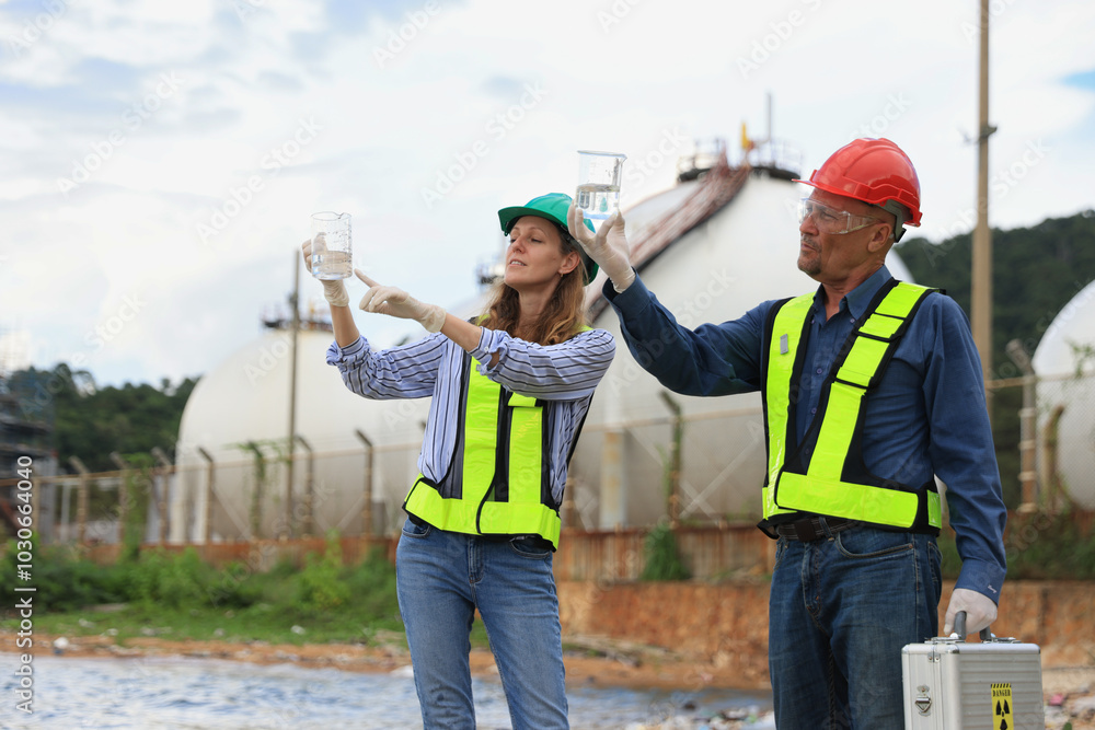 A senior couple of environmental engineers are hard at work outdoors, analyzing and collecting wastewater samples in an industrial area. A senior couple of environmental engineers are hard at work outdoors, analyzing and collecting wastewater samples in an industrial area.