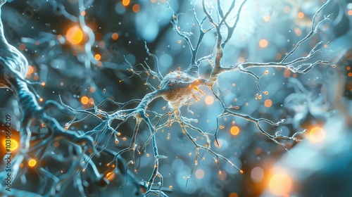 A close-up of brain cells in action, illustrating synaptic activity and neural communication
