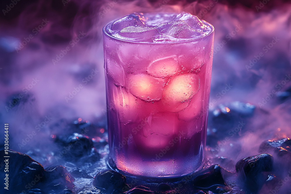 A vibrant glass filled with ice and a purple drink, surrounded by mystical fog, creating a moody and captivating atmosphere. A vibrant glass filled with ice and a purple drink, surrounded by mystical fog, creating a moody and captivating atmosphere.