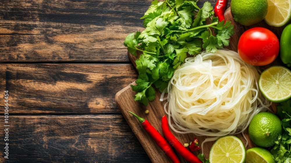 Glass Noodles Cilantro Limes Red Chili Peppers and Tomato on Rustic Wooden Background Glass Noodles Cilantro Limes Red Chili Peppers and Tomato on Rustic Wooden Background