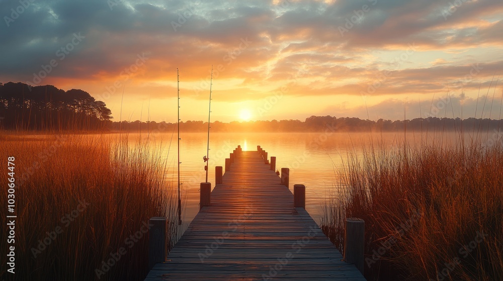 Fototapeta premium A wooden pier extends into a calm lake at sunrise, with two fishing rods propped up against a railing, ready for a day of fishing.