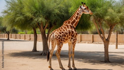 long neck and fat body and bulging eyes giraffe in the wild, standing of girraffe