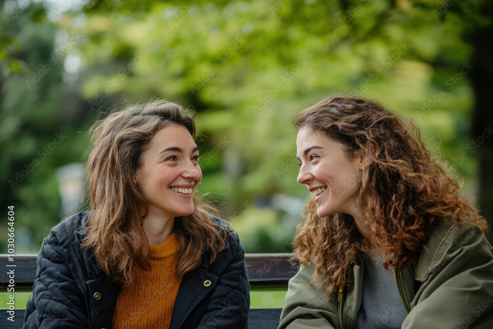 Two Women Smiling and Chatting on a Park Bench, Two women smiling warmly at each other while sitting on a park bench, enjoying a relaxed conversation in a natural outdoor setting. Two Women Smiling and Chatting on a Park Bench, Two women smiling warmly at each other while sitting on a park bench, enjoying a relaxed conversation in a natural outdoor setting.