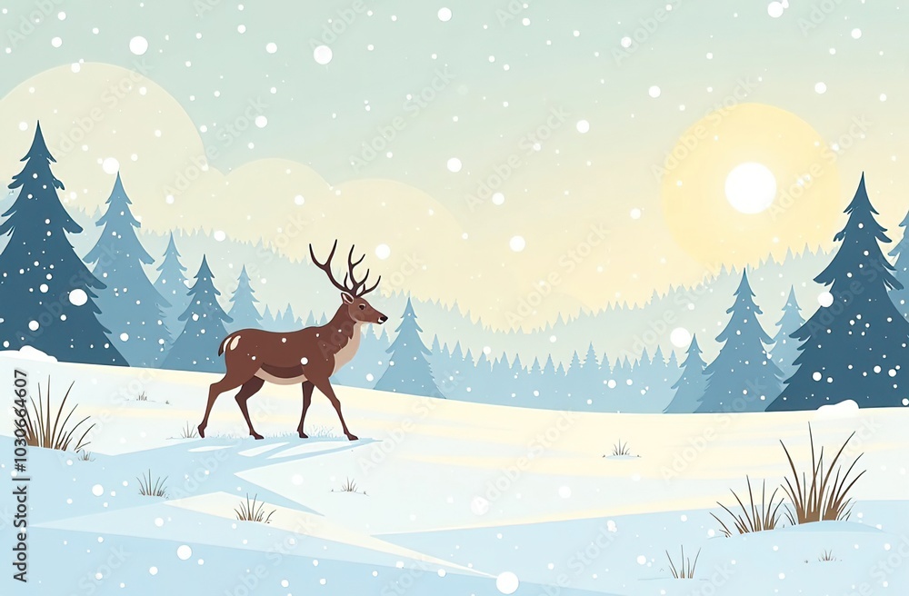 Drawing of a deer in a winter forest in a snowfall, generative AI Drawing of a deer in a winter forest in a snowfall, generative AI