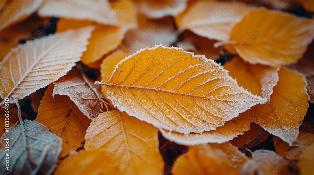 Close up shot, yellow leaves covered in frost, depth of field