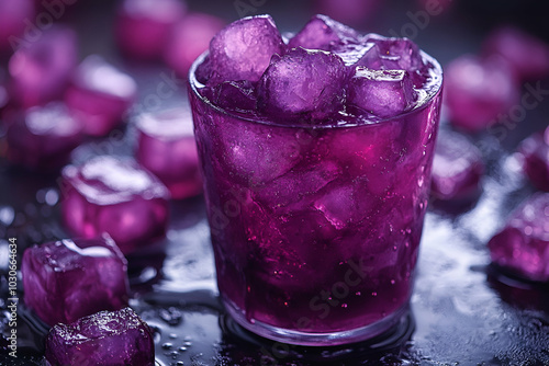 A vibrant purple drink with ice cubes, glistening in a glass, surrounded by ice on a dark surface.