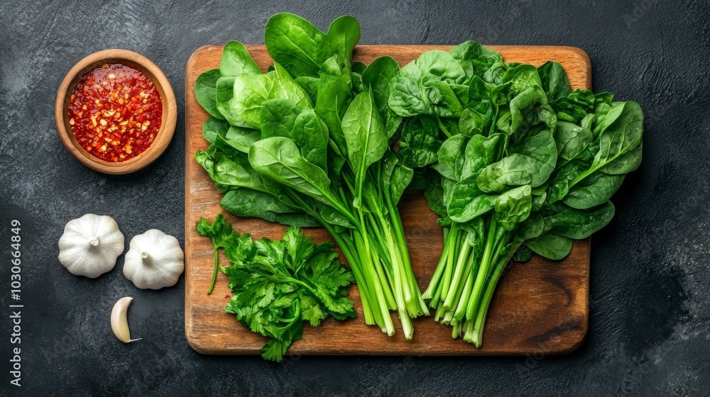 Fresh Spinach Parsley and Garlic on Wooden Cutting Board Fresh Spinach Parsley and Garlic on Wooden Cutting Board