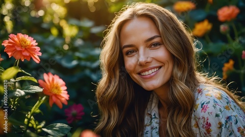 A smiling girl surrounded by vibrant flowers, her joyful expression radiating warmth and happiness. The flowers add a natural, feminine touch to the serene scene