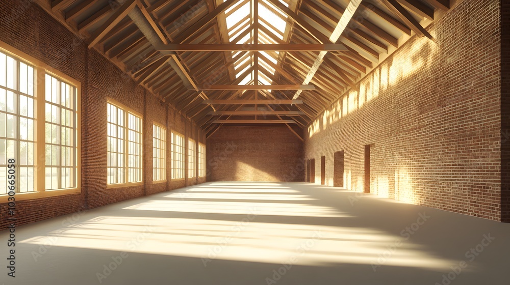 61. A large, empty warehouse with exposed brick and wooden beams 61. A large, empty warehouse with exposed brick and wooden beams